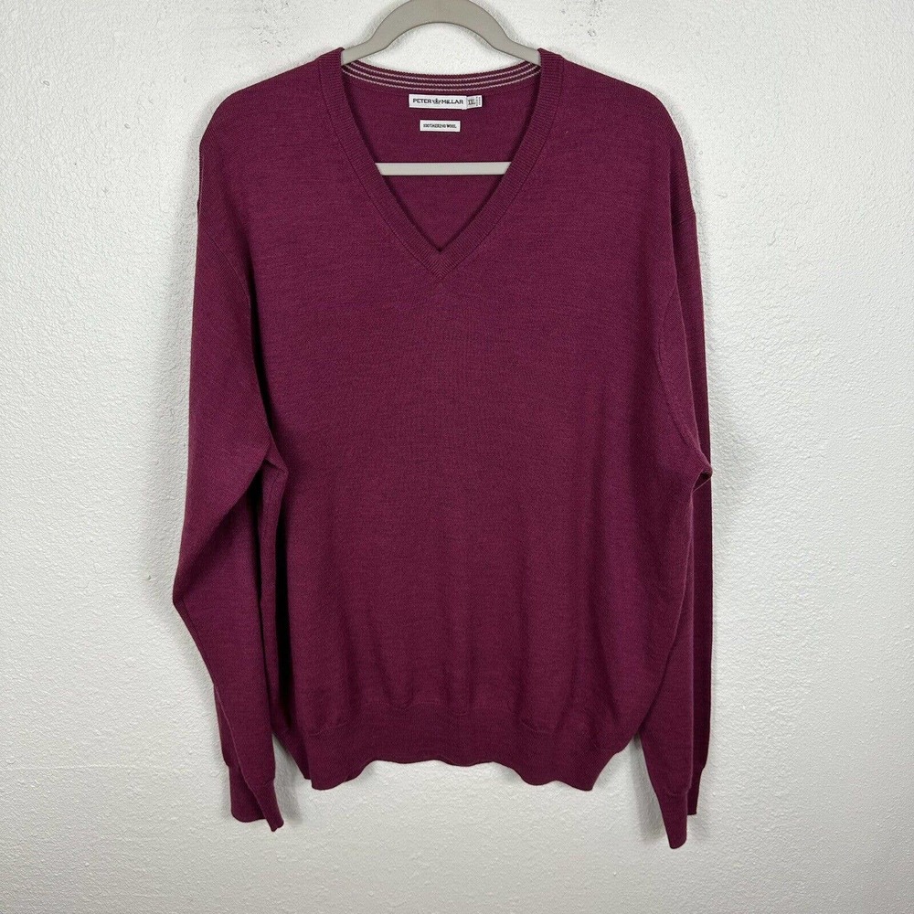 Peter Millar Sweater Men XXL 2XL 100% Merino Wool Red Pink Golf V Neck Pull Over